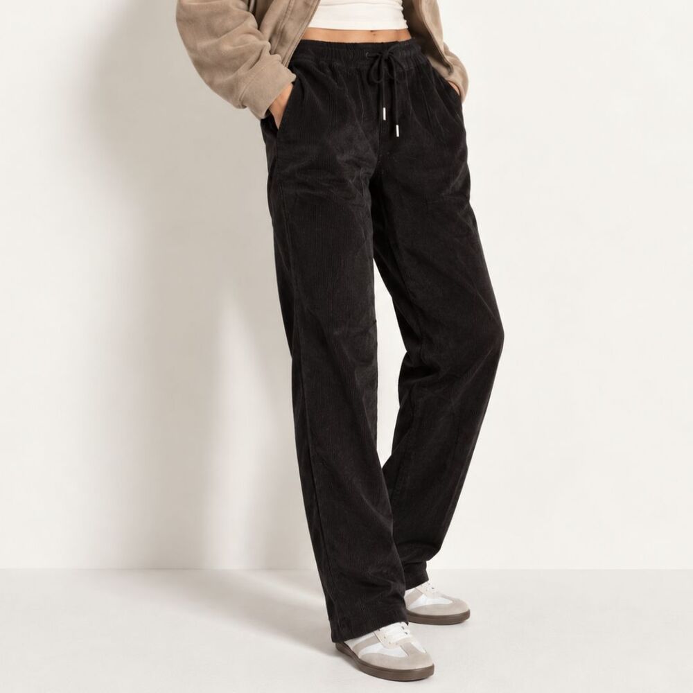 American Eagle Corduroy Pants M Tall NWT Black Pull On Drawstring Straight Leg